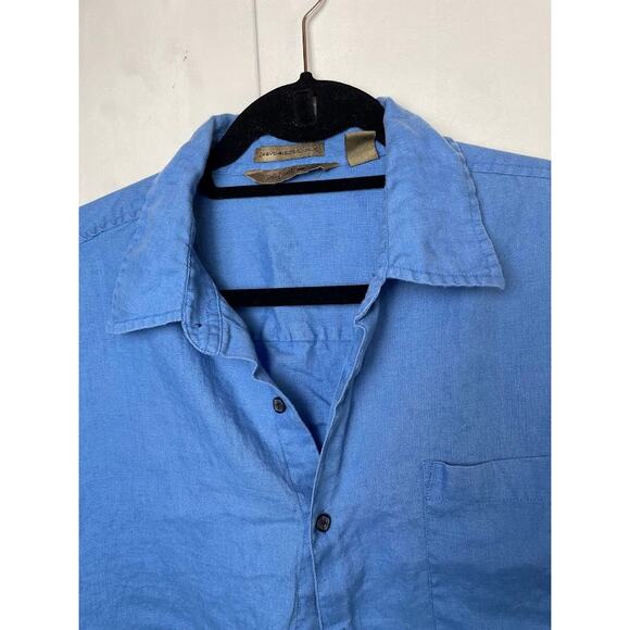 Axist Men's 100% Linen Button Up Shirt Blue Solid Short Sleeve Business Casual - Picture 2 of 11